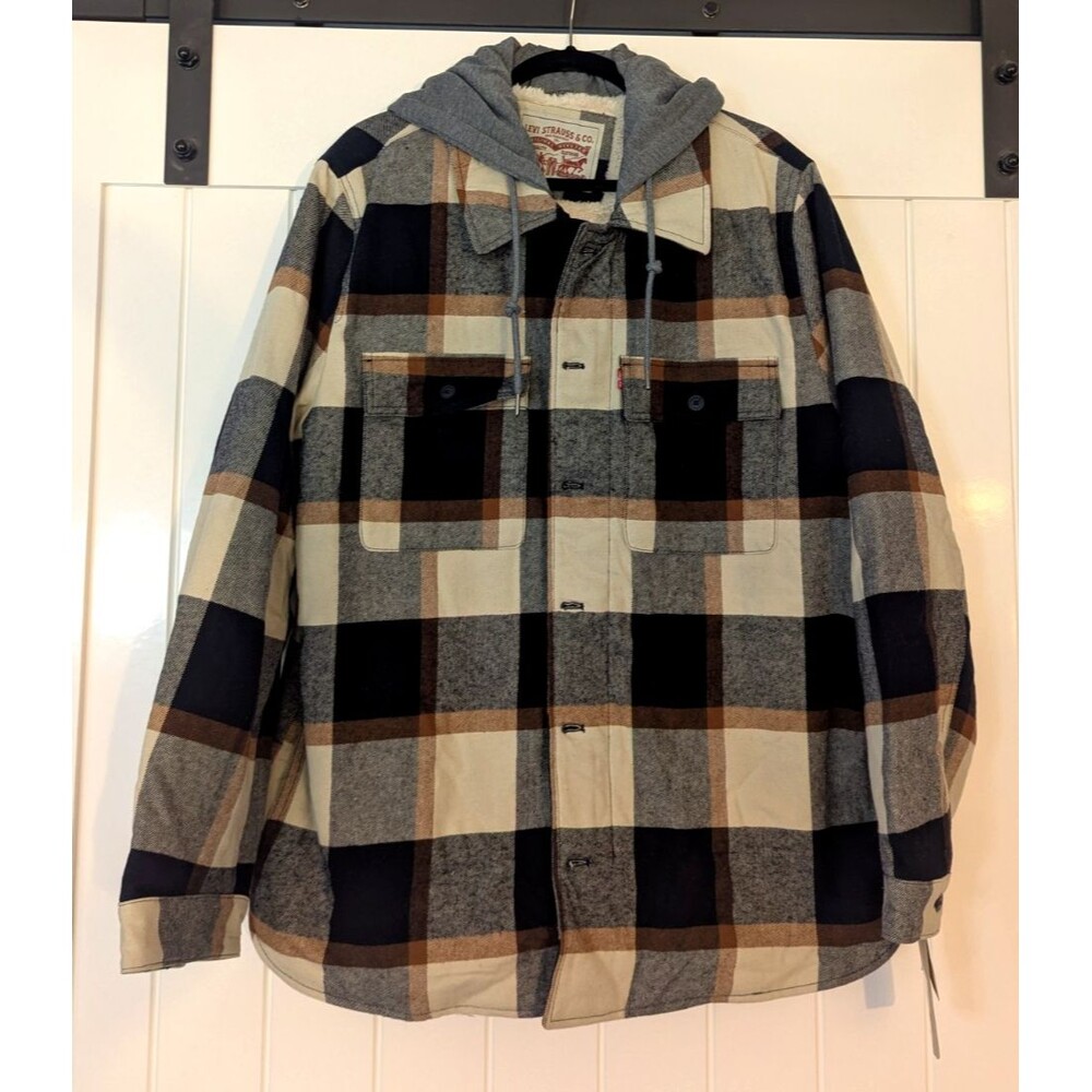 Levi's Men's Sherpa Lined Hooded Shirt Jacket - Large Tall, Brown/Putty NWT